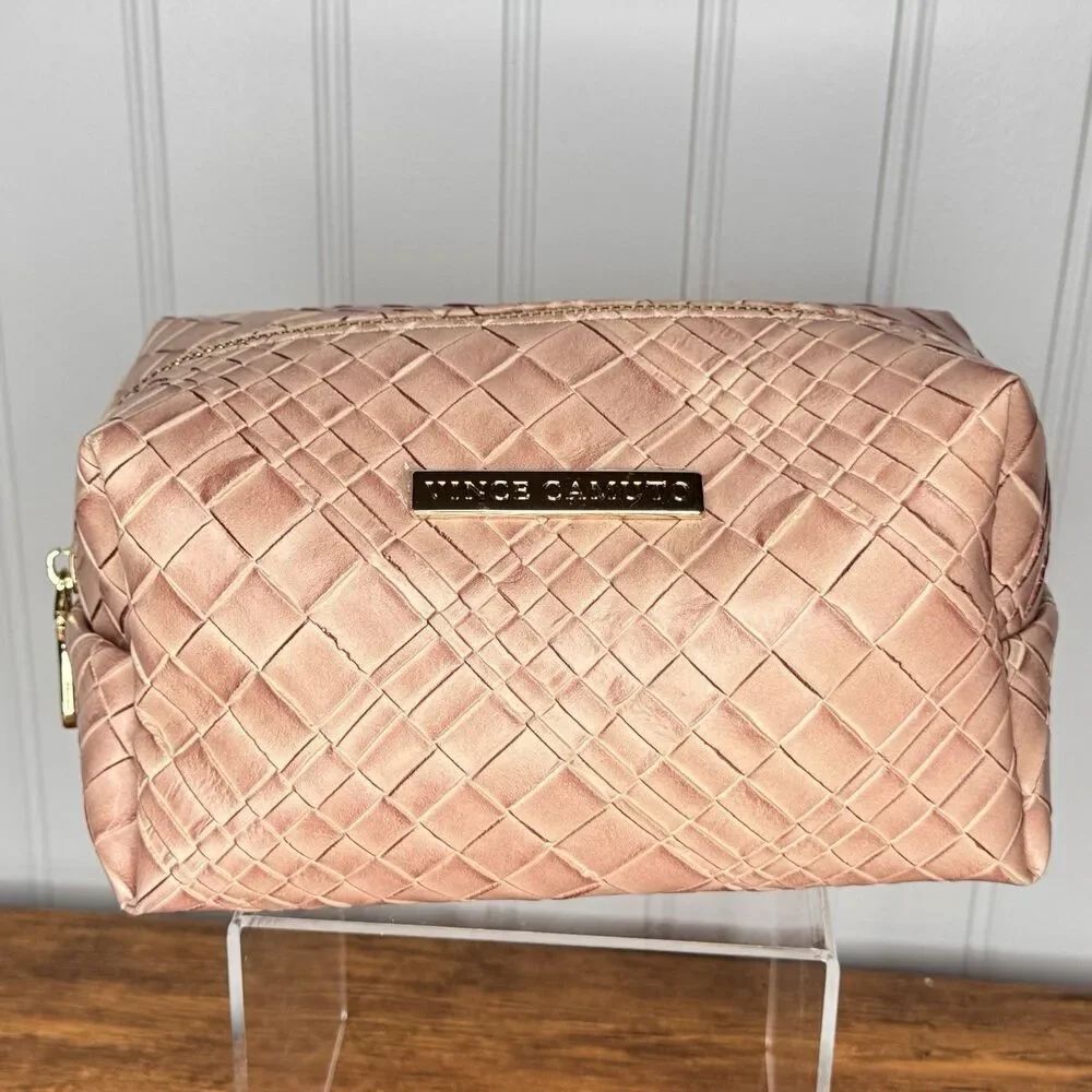 Vince Camuto Makeup Cosmetics TRAVEL Bag Rose Pink Gold VINYL Woven Texture